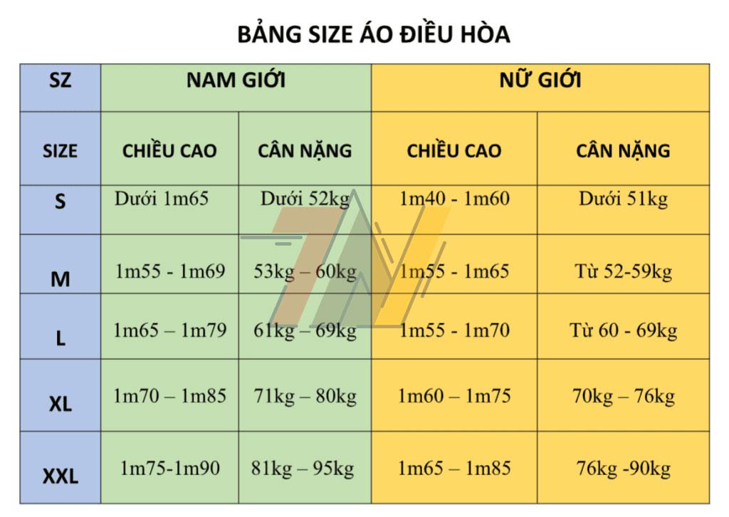 Bảng size áo điều hòa