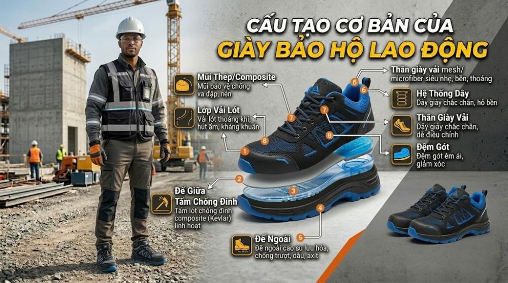 Cấu tạo cơ bản của gi&agrave;y bảo hộ lao động