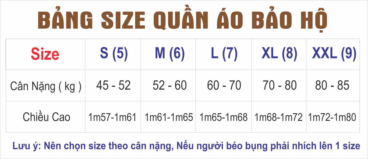 Bảng size quần áo bảo hộ